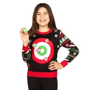 Dart board game ugly Christmas sweater comes with three balls. Size medium kids
